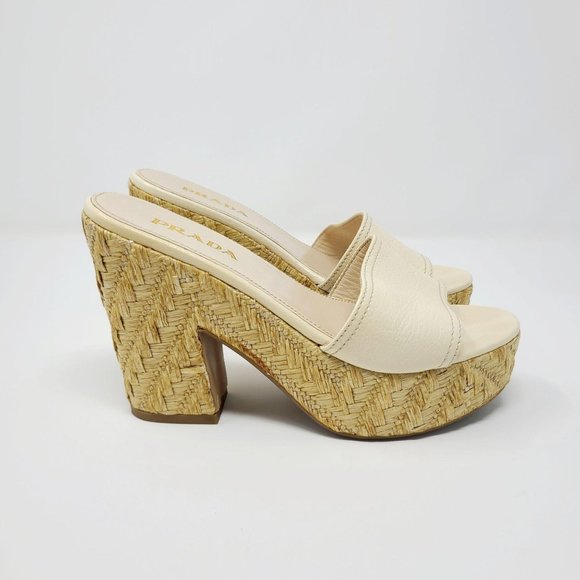 Prada Ivory Leather Slip On Wedge Sandals - Picture 4 of 13
